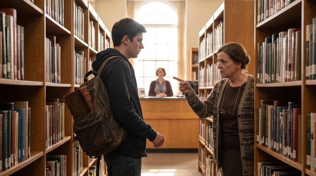 Strict older librarian confronting a male student among library bookshelves