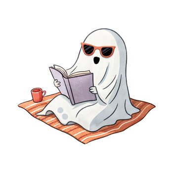 Watercolor illustration of a cute ghost reading a book on a beach blanket with a cup isolated on a white background.