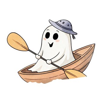 Watercolor illustration of a cute ghost wearing a hat rowing a small wooden boat isolated on a white background.
