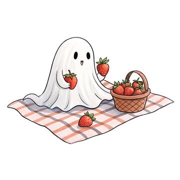 Watercolor illustration of a cute ghost having a picnic with strawberries and a basket isolated on a white background.