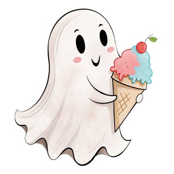 Watercolor illustration of a cute ghost holding an ice cream cone with a cherry isolated on a white background.