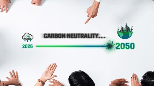 A diverse group of hands points towards a timeline illustrating the journey to carbon neutrality between 2026 and 2050, symbolizing teamwork and environmental commitment. Raster