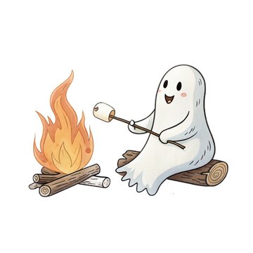 Watercolor illustration of a cute ghost sitting on a log roasting a marshmallow over a campfire isolated on a white background.