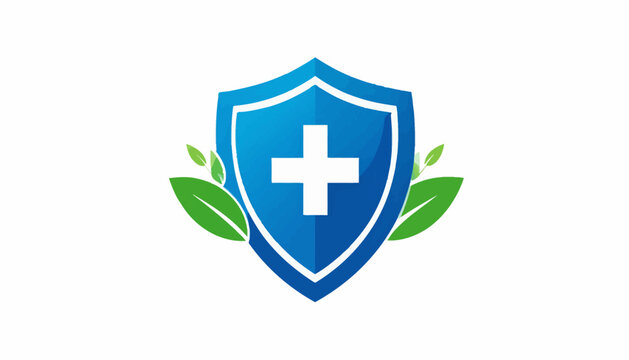 Medical health shield logo with green leaves and a white cross, symbol of natural healthcare and protection