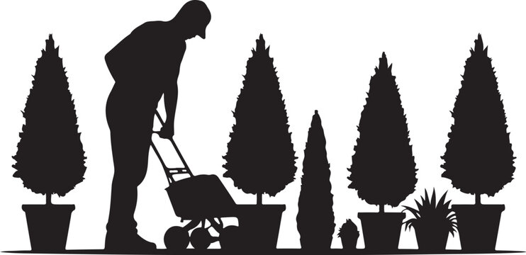 Silhouette of a man pushing a wheelbarrow among potted trees
