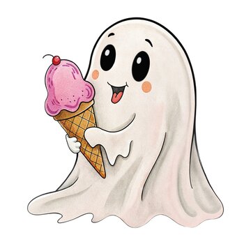 Watercolor illustration of a cute ghost holding a strawberry ice cream cone with a cherry isolated on a white background.