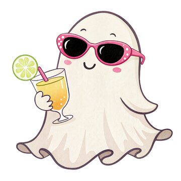 Watercolor illustration of a cute ghost wearing pink sunglasses and holding a refreshing citrus drink isolated on a white background