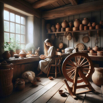 A woman in traditional Slavic clothing, sitting in the Babi Kut, the womans corner of a wooden izba, deeply focused on embroidering a linen cloth, Ai generated image