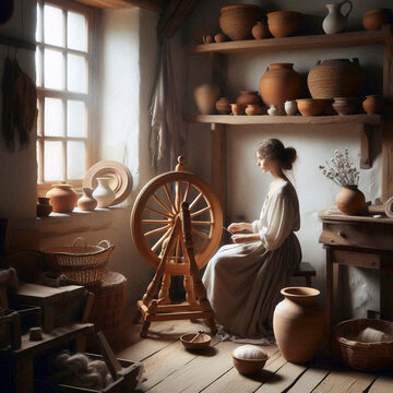 A woman in traditional Slavic clothing, sitting in the Babi Kut, the womans corner of a wooden izba, deeply focused on embroidering a linen cloth, Ai generated image