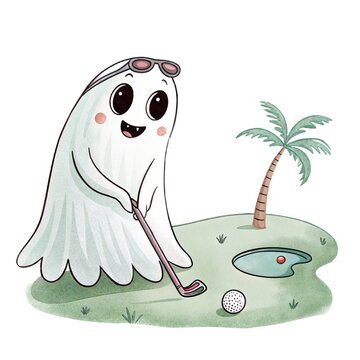 Watercolor illustration of a cute ghost wearing sunglasses playing golf on a tropical green isolated on a white background.