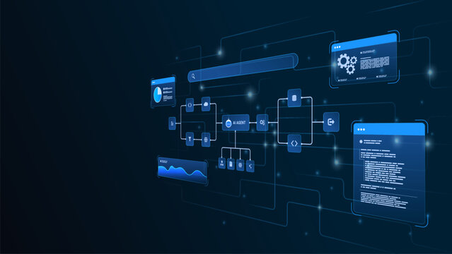 AI workflow automation artificial intelligence. ai agent network diagram machine learning architecture data pipelines, coding panels, analytics panels and process flow.
