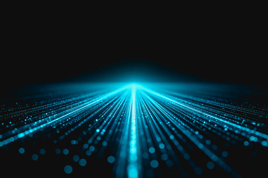 A futuristic abstract scene with glowing blue light streaks and particles leading toward a bright focal point, representing digital technology and data flow.