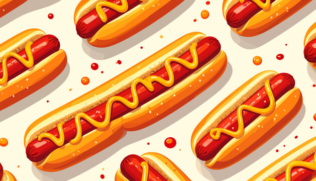 Delicious hot dog illustrations with mustard, a vibrant and appetizing pattern perfect for food-related designs