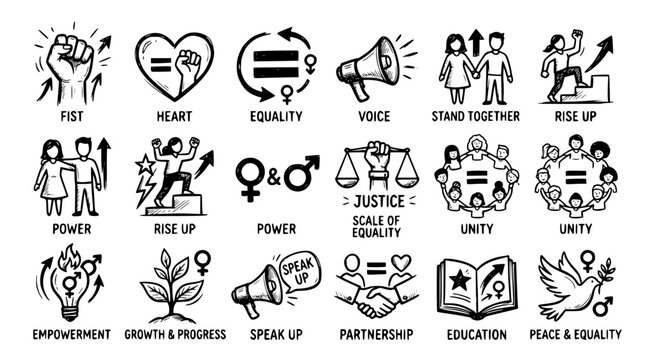 Hand drawn gender equality empowerment icons fist heart equal sign voice stand rise power, black ink sketch vector illustration
