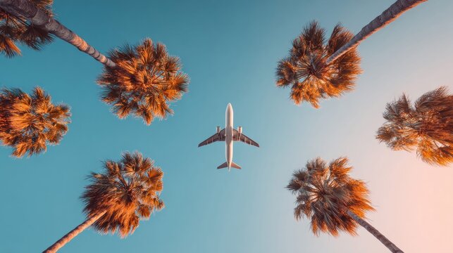 Tropical getaway with plane soaring over palm trees
