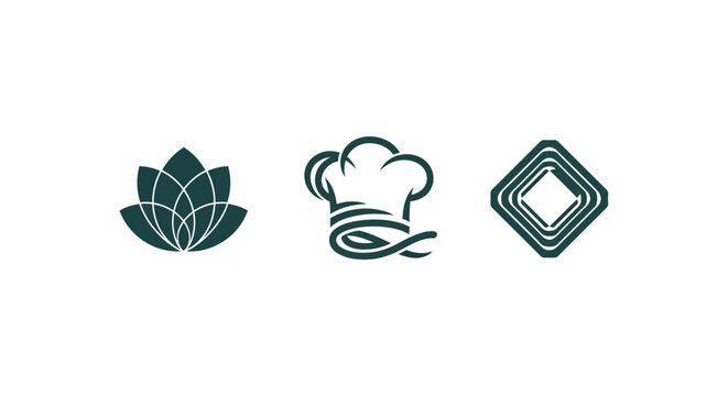 Minimalist icons of lotus chef hat and diamond.