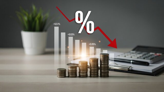Financial graph shows decline in percentage on a desk with coins and calculator