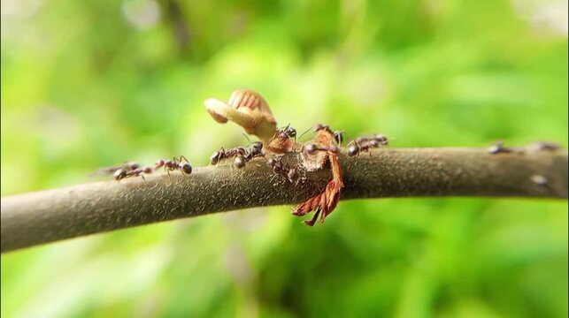 Black ants walking on tree branches with a blurry green background