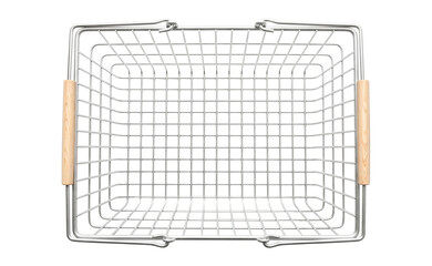 Transparent PNG wire shopping basket with wooden handles from top view.Empty metal wire basket isolated on transparent background for ecommerce sale banner. © SUMMER72