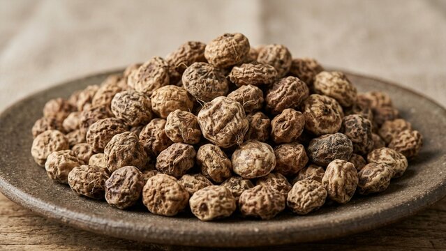 Dried tiger nuts piled on rustic ceramic plate in soft natural lighting over wooden table