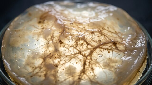 Kombucha scoby pellicle fermentation culture floating in glass container with organic fibrous macro texture