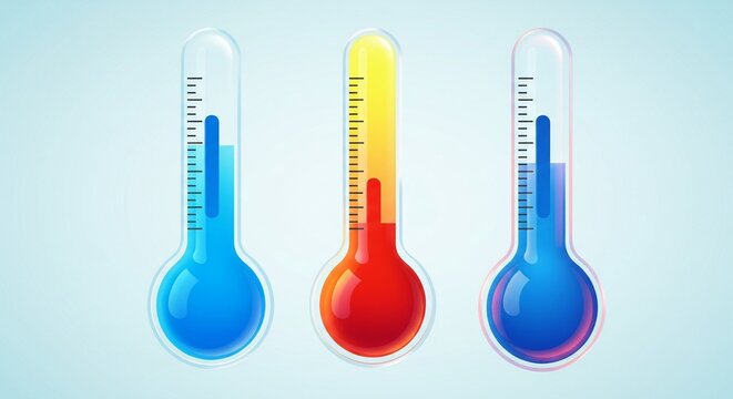 Three thermometers showing different temperature levels, illustration with copy space for design and marketing