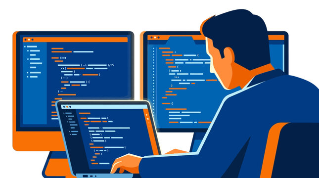 Man working on computer screens.