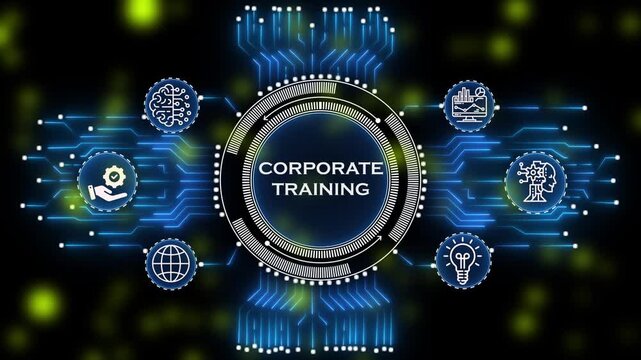  Glowing corporate training button in German on a futuristic, abstract wave technology on black background. graphs enhance the atmosphere of innovation and collaboration.