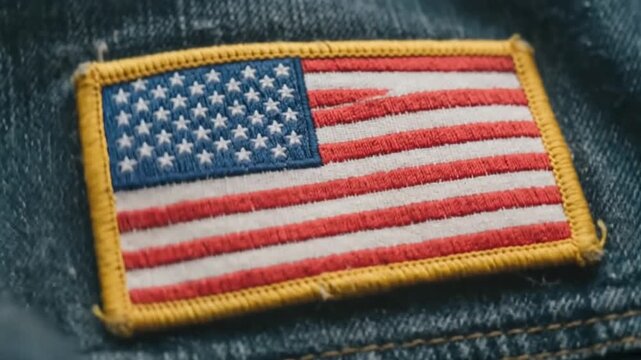 American Flag Patch Embroidered on Denim Fabric, Close-up View, Subtle Camera Movement and Lighting Changes