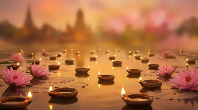 Floating oil lamps and lotus flowers on calm water.
