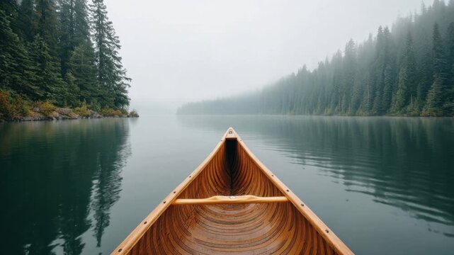 Calm serene lake surrounded by dense evergreen forest with fog in the distance viewed from the wooden tip of canoe on still water reflecting nature