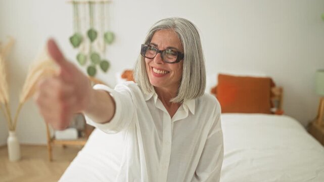 Woman with gray hair and glasses on bed in white shirt gives double thumbs up to camera, smiling and hands extended inside a building bedroom; joy encouragement confidence.