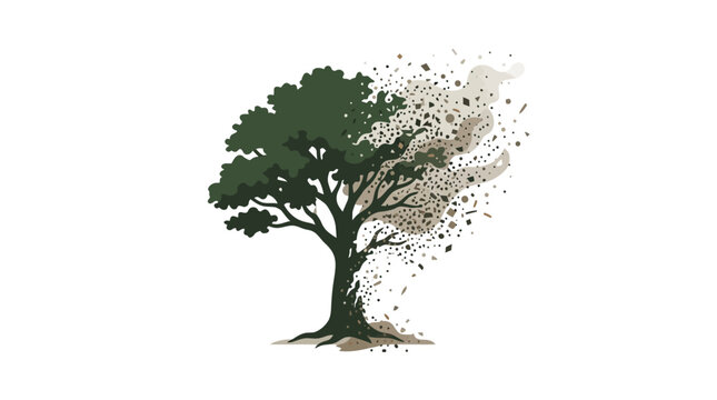A stylized tree transitioning from lush green foliage to disintegrating particles.