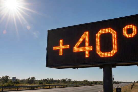 LED Temperature Sign Showing +40&deg;C on Highway During Extreme Heatwave