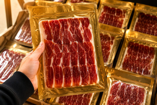 Vacuum-Sealed Raw Beef Meat Packaging Food Storage Close-up.