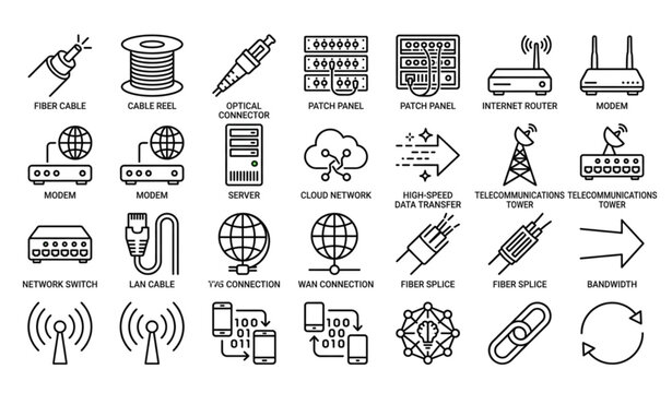 Fiber Optic Technology Outline Icon Collection