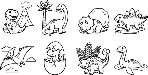 Cute Cartoon Dinosaur Line Art Icon Set with Baby Tyrannosaurus, Triceratops, Stegosaurus, Pterodactyl, Hatching Egg, and Prehistoric Animal Collection © MstSuborna