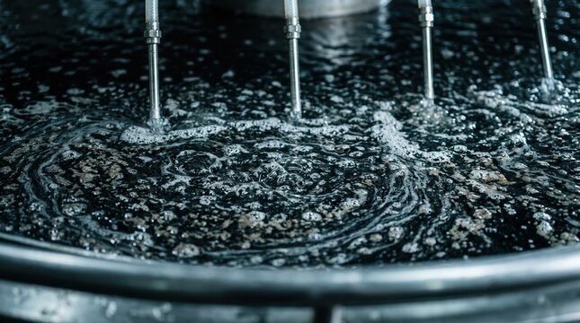 Industrial macro of a flocculation tank surface: chemical dosing lines, swirling micro-bubbles, aluminum rails, and settling particles under cool overhead lights. The image should feel scientific and