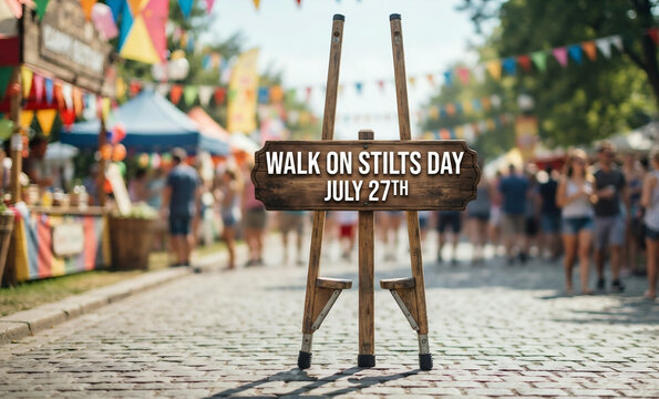 Walk on Stilts Day July 27th sign at a summer carnival
