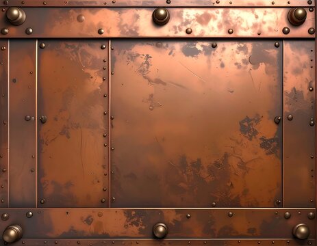 Close-up of a weathered copper panel with riveted borders. Shows aged patina, scratches, and a textured, industrial aesthetic