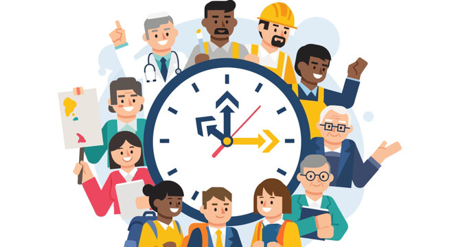 Diverse People Around Clock Face.