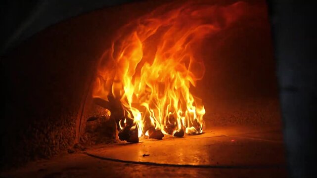 Bright orange flames and glowing embers dance inside a rustic stone pizza oven, creating an authentic atmosphere for traditional Italian cooking. Ideal for food, restaurant, and culinary-themed projec