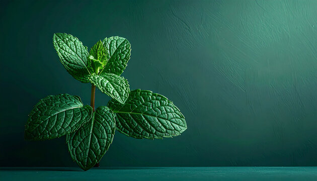A solitary sprig of lush, verdant mint emerges from a dark, rich background, its tender leaves promising a burst of natural freshness and invigorating aroma