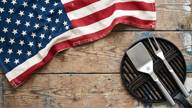 American Flag Waving Over BBQ Grill with Utensils on Rustic Wooden Table, Independence Day Celebration Concept