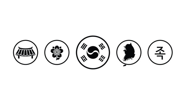 South Korea national culture icons set featuring a traditional hanok roof, hibiscus flower, flag, map, and hangul.