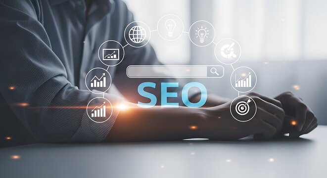 Businessman using seo search engine optimization tools and digital marketing icons