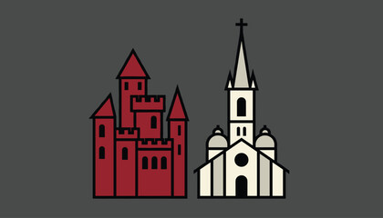 Fototapeta premium Red medieval castle and cream colored church side by side in a clean vector illustration against a dark gray background.