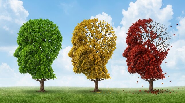 Three trees shaped like human heads representing brain aging and cognitive decline.