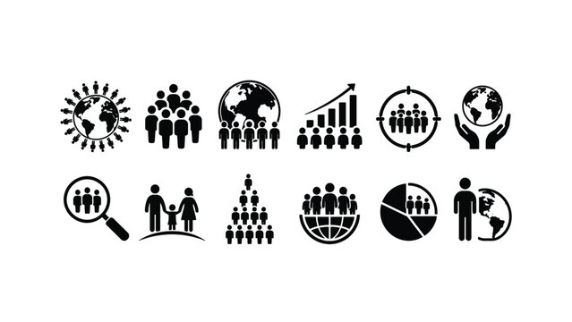 World Population Icons Set Collection &ndash; Global Demographics, Population Growth and Community Solid Black Vector Icons
