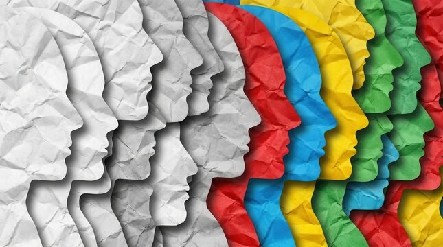 Abstract concept of demographic change represented by colorful paper profile silhouettes.